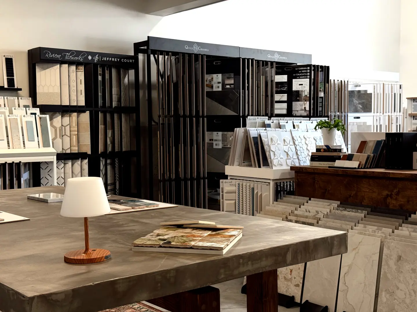 Luxury tile showroom interior displaying premium porcelain and ceramic collections